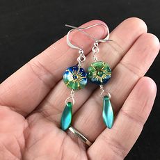 Tropical Blue Green Hawaiian Flower and Dual Sided Blue and Green Dagger Earrings with Silver Wire #ulNq56ls4JQ