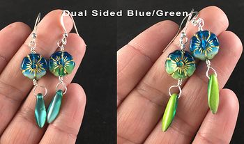 Tropical Blue Green Hawaiian Flower and Dual Sided Blue and Green Dagger Earrings with Silver Wire #7AA7qnjBUJ8