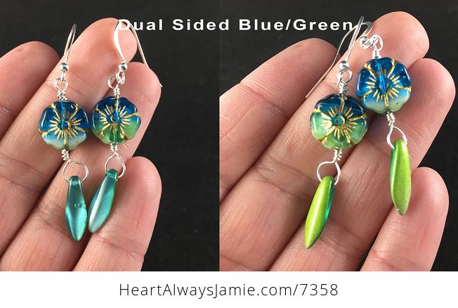 Tropical Blue Green Hawaiian Flower and Dual Sided Blue and Green Dagger Earrings with Silver Wire - #7AA7qnjBUJ8-1