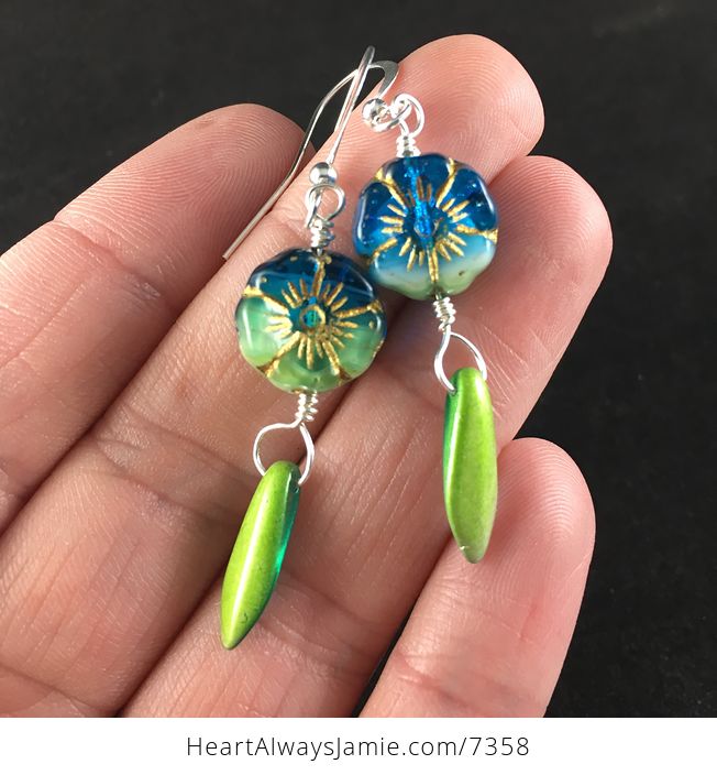 Tropical Blue Green Hawaiian Flower and Dual Sided Blue and Green Dagger Earrings with Silver Wire - #7AA7qnjBUJ8-3