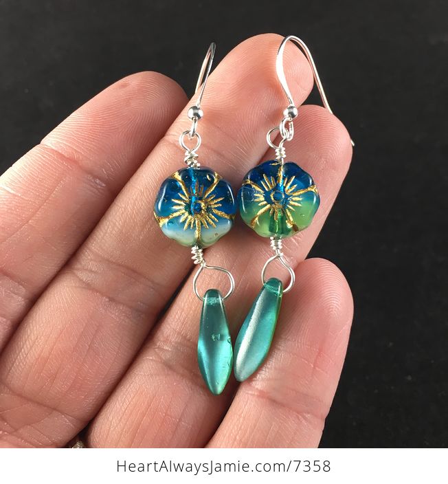 Tropical Blue Green Hawaiian Flower and Dual Sided Blue and Green Dagger Earrings with Silver Wire - #7AA7qnjBUJ8-2