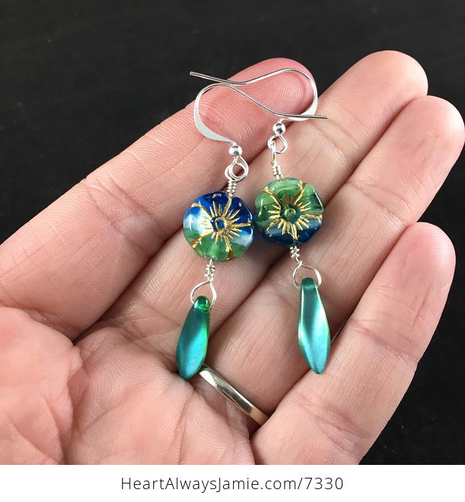 Tropical Blue Green Hawaiian Flower and Dual Sided Blue and Green Dagger Earrings with Silver Wire - #ulNq56ls4JQ-1