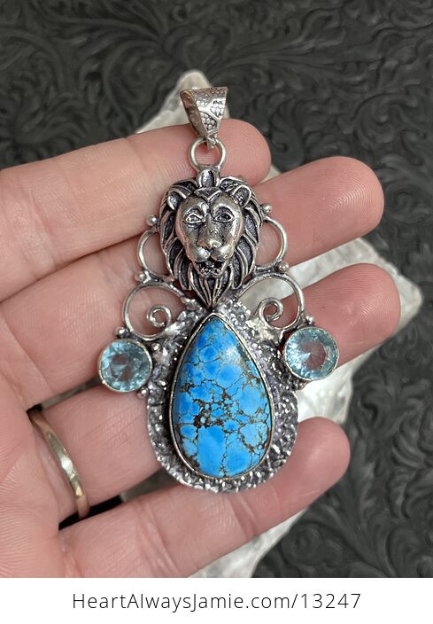 Turquoise and Blue Topaz Lion Pendant Stone Crystal Jewelry - #HNOKlu88oSM-1