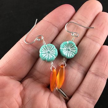 Turquoise and White Glass Hawaiian Flower and Orange Dagger Earrings with Silver Wire #hwEyaPCRoHQ