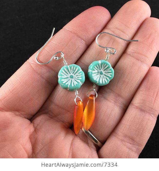 Turquoise and White Glass Hawaiian Flower and Orange Dagger Earrings with Silver Wire - #hwEyaPCRoHQ-1
