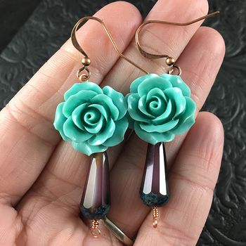 Turquoise Colored Rose and Purple Glass Drop Earrings with Copper Wire #q1pPkITXyOo