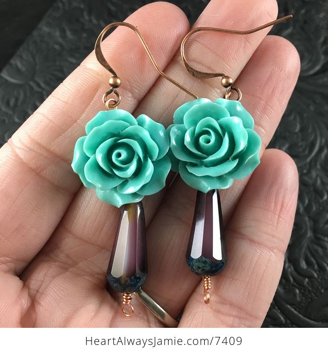 Turquoise Colored Rose and Purple Glass Drop Earrings with Copper Wire - #q1pPkITXyOo-1