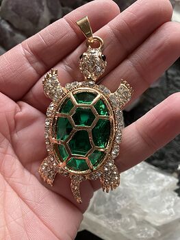 Turtle with an Encased Green Faceted Gem and Rhinestones on Gold Tone Jewelry Pendant #Qvgiz6BaxjM