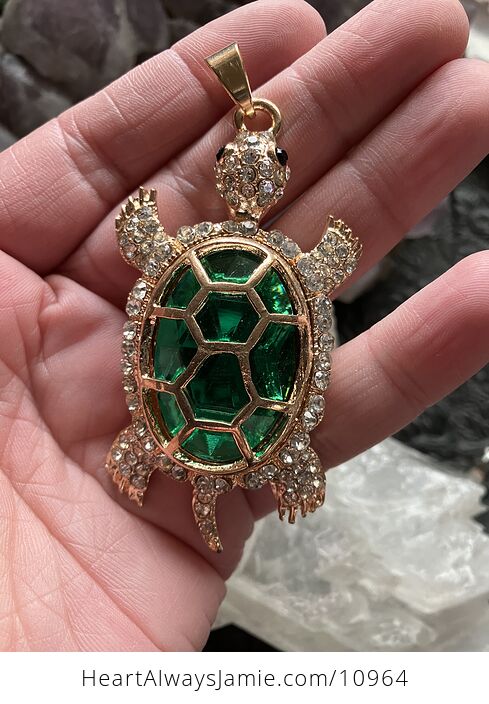 Turtle with an Encased Green Faceted Gem and Rhinestones on Gold Tone Jewelry Pendant - #Qvgiz6BaxjM-1