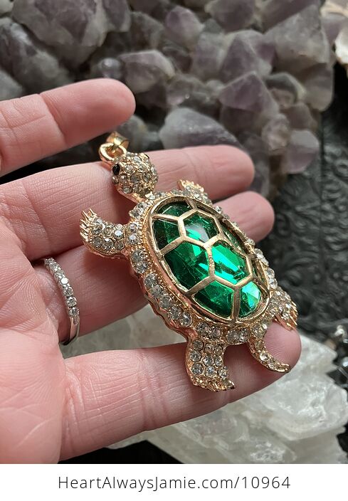 Turtle with an Encased Green Faceted Gem and Rhinestones on Gold Tone Jewelry Pendant - #Qvgiz6BaxjM-2