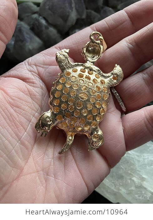Turtle with an Encased Green Faceted Gem and Rhinestones on Gold Tone Jewelry Pendant - #Qvgiz6BaxjM-3