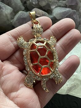 Turtle with an Encased Red Faceted Gem and Rhinestones on Gold Tone Jewelry Pendant #aYE0KUSZrJ8