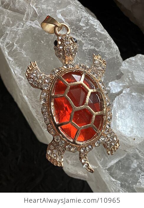 Turtle with an Encased Red Faceted Gem and Rhinestones on Gold Tone Jewelry Pendant - #aYE0KUSZrJ8-3