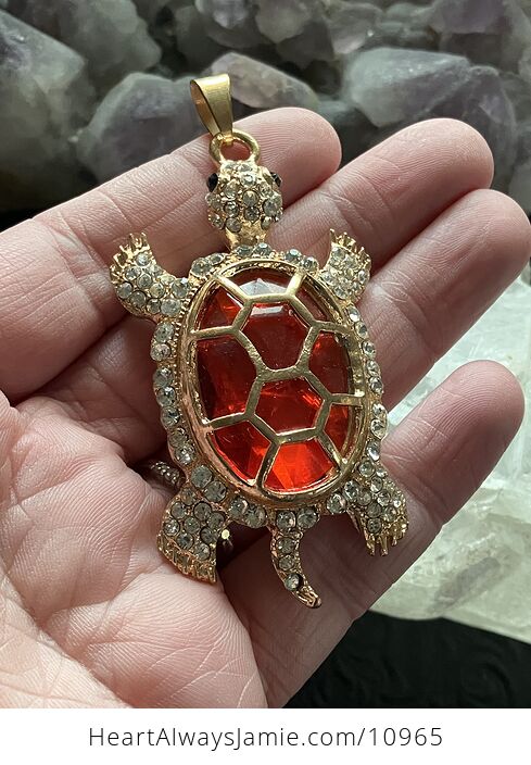 Turtle with an Encased Red Faceted Gem and Rhinestones on Gold Tone Jewelry Pendant - #aYE0KUSZrJ8-1