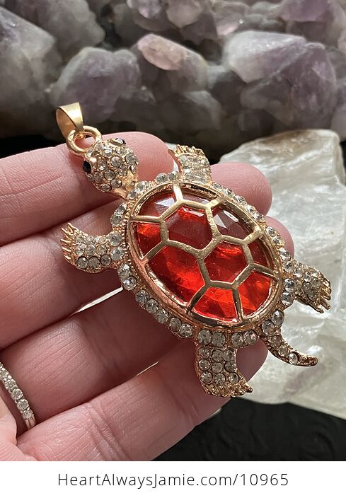 Turtle with an Encased Red Faceted Gem and Rhinestones on Gold Tone Jewelry Pendant - #aYE0KUSZrJ8-2