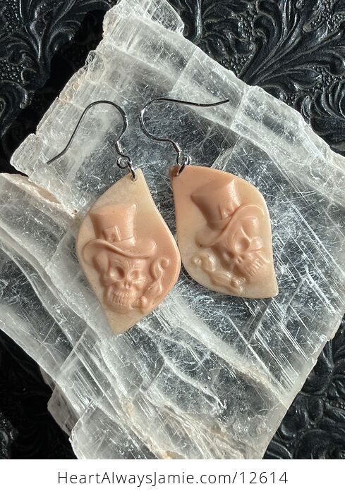 Unique Smoking Skull with Top Hat Earrings in Orange Jasper Stone Crystal Jewelry - #gI9Eu4rCvdE-3