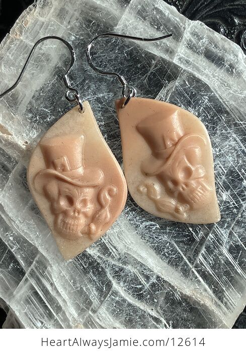 Unique Smoking Skull with Top Hat Earrings in Orange Jasper Stone Crystal Jewelry - #gI9Eu4rCvdE-2