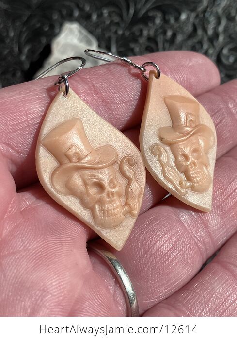 Unique Smoking Skull with Top Hat Earrings in Orange Jasper Stone Crystal Jewelry - #gI9Eu4rCvdE-5