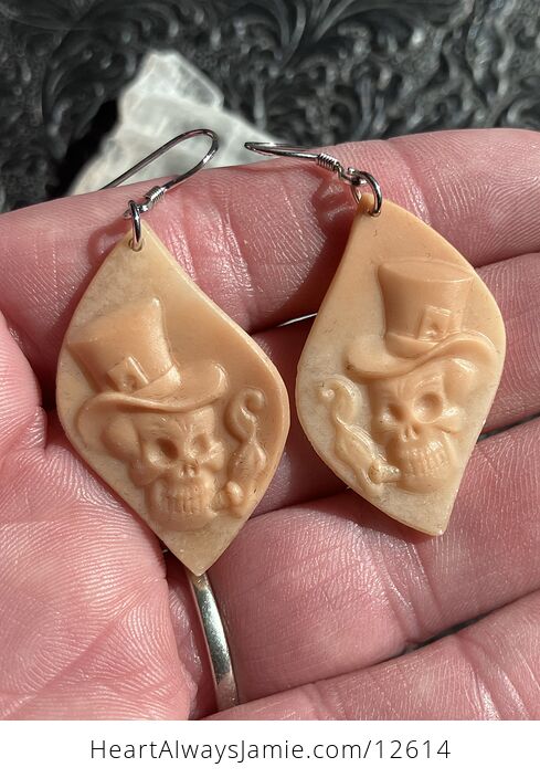 Unique Smoking Skull with Top Hat Earrings in Orange Jasper Stone Crystal Jewelry - #gI9Eu4rCvdE-1