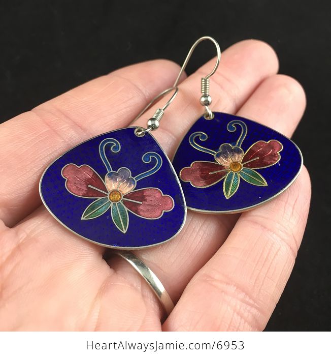 Vintage Cloissone Orchid Flower Earrings - #qWBBxZ5qBa0-2