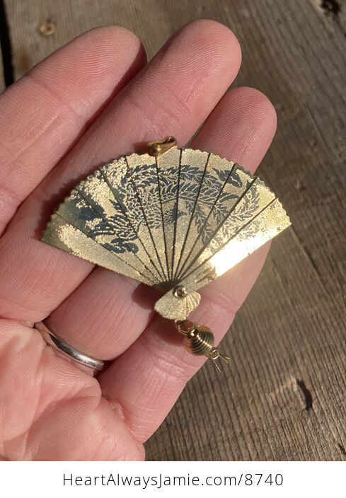 Vintage Dual Sided Chinese Phoenix and Crane or Heron Expandable Fan Pendant - #wpajoRPhRQM-1
