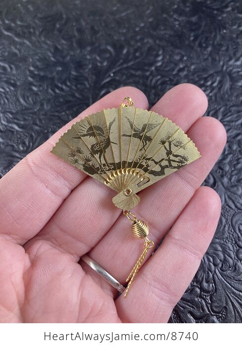 Vintage Dual Sided Chinese Phoenix and Crane or Heron Expandable Fan Pendant - #wpajoRPhRQM-6