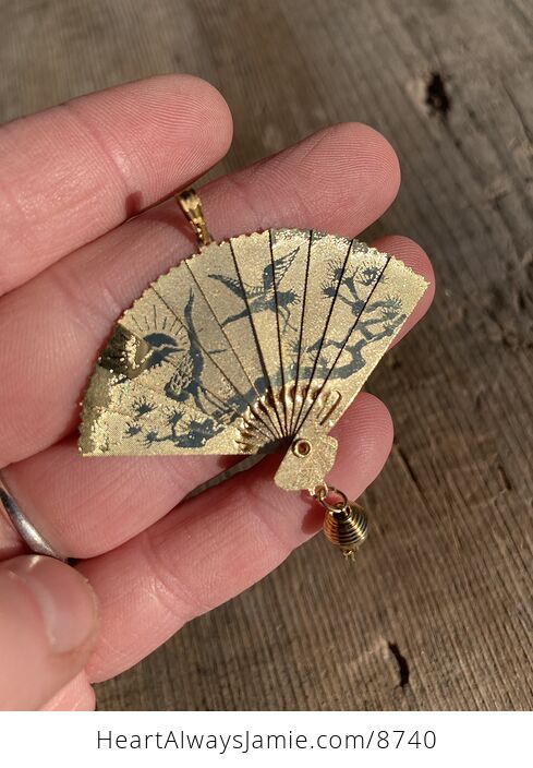 Vintage Dual Sided Chinese Phoenix and Crane or Heron Expandable Fan Pendant - #wpajoRPhRQM-2
