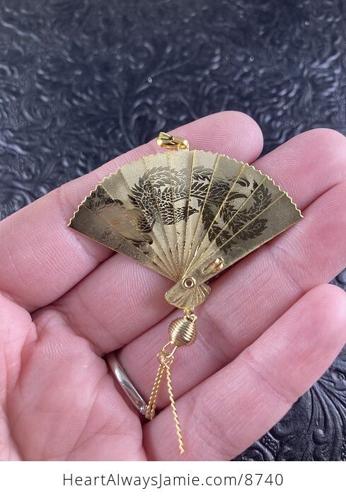 Vintage Dual Sided Chinese Phoenix and Crane or Heron Expandable Fan Pendant - #wpajoRPhRQM-7