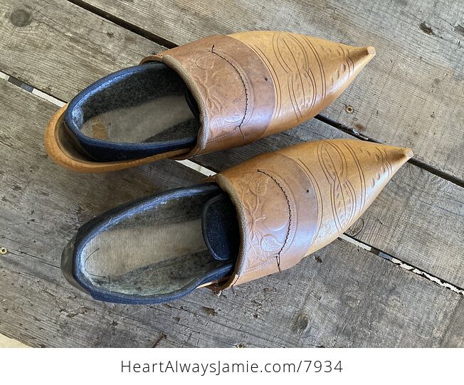 Vintage Dutch Wooden Clogs Shoes Hand Carved with Embossed Leather and Slippers - #zH0O4PQuqIo-3