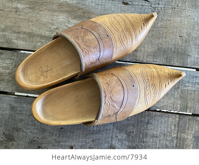 Vintage Dutch Wooden Clogs Shoes Hand Carved with Embossed Leather and Slippers - #zH0O4PQuqIo-2