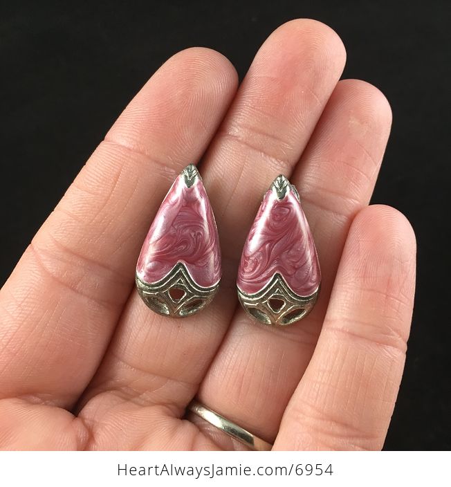 Vintage Metallic Pink and Silver Enamel Earrings - #QpCBnC62hks-1