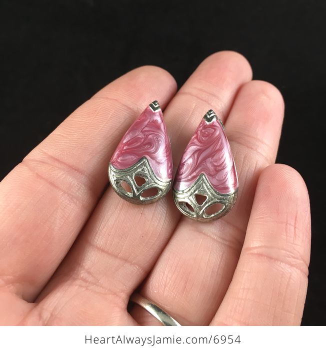 Vintage Metallic Pink and Silver Enamel Earrings - #QpCBnC62hks-2