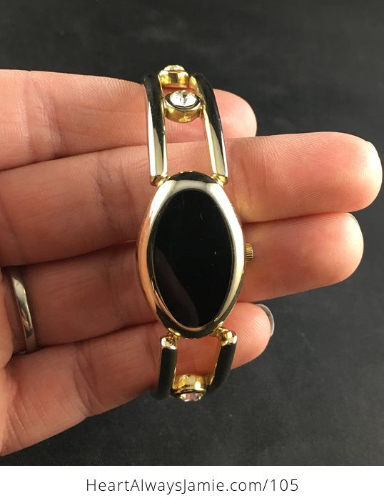 Vintage Quartz Wrist Watch with a Crystal Rhinestone Black and Gold Toned Bracelet and Peek a Boo Mother of Pearl Face - #9hyw7mafNYs-3