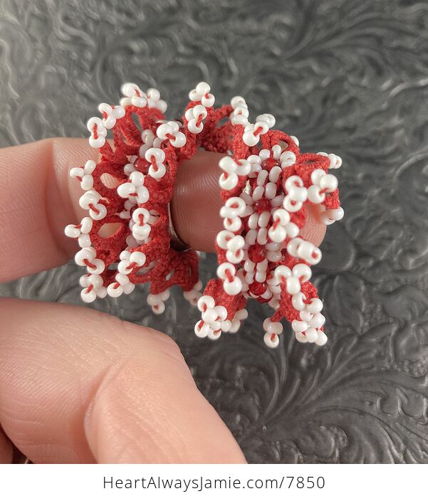 Vintage Red and White Macrame Beaded Clip Earrings - #WvuVOJxen0w-5