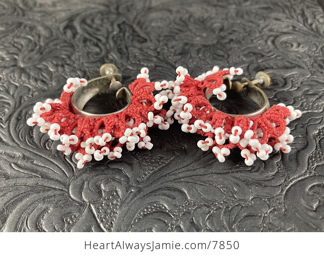 Vintage Red and White Macrame Beaded Clip Earrings - #WvuVOJxen0w-1