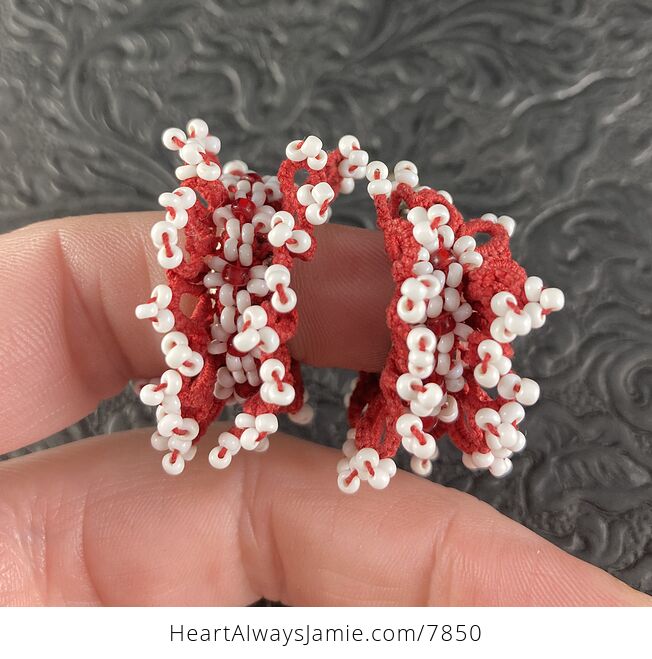 Vintage Red and White Macrame Beaded Clip Earrings - #WvuVOJxen0w-6