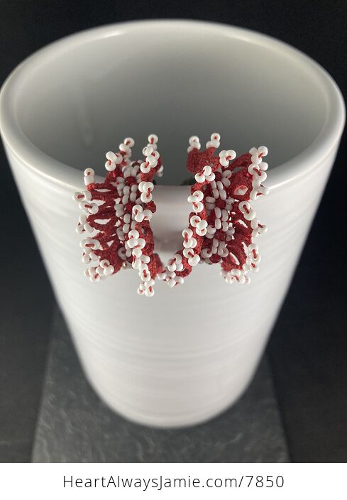 Vintage Red and White Macrame Beaded Clip Earrings - #WvuVOJxen0w-2