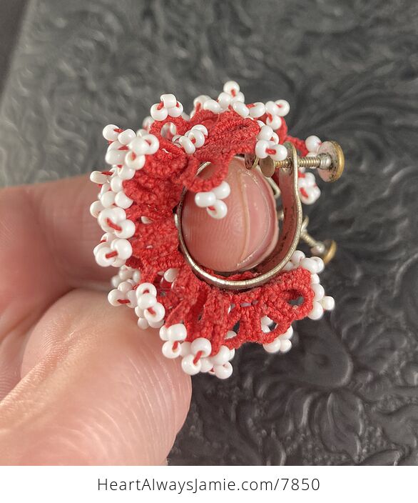 Vintage Red and White Macrame Beaded Clip Earrings - #WvuVOJxen0w-4