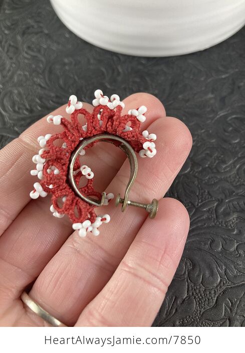 Vintage Red and White Macrame Beaded Clip Earrings - #WvuVOJxen0w-3
