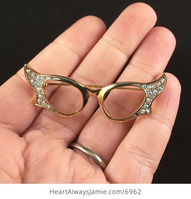 Vintage Rhinestone Cat Eye Glasses Brooch Pin Jewelry - #wjZXZn98UhM-1