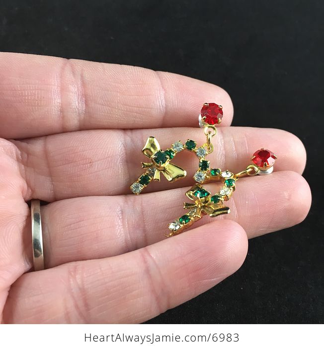 Vintage Rhinestone Christmas Candycane Earrings - #NS8uEwPzYrE-3