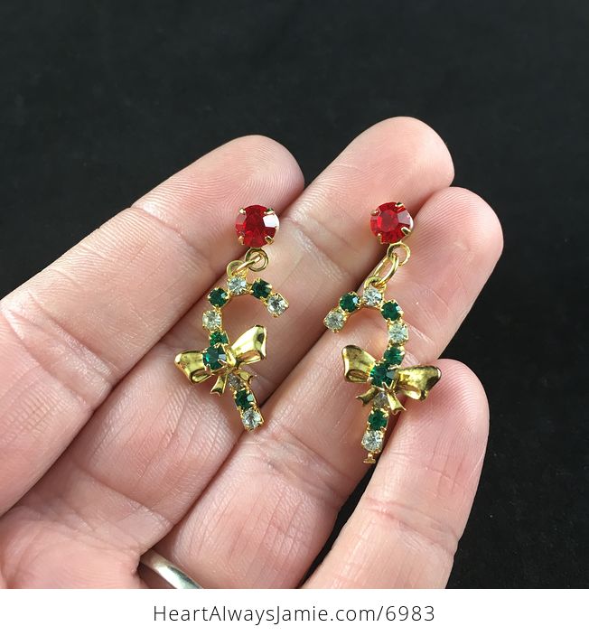 Vintage Rhinestone Christmas Candycane Earrings - #NS8uEwPzYrE-1