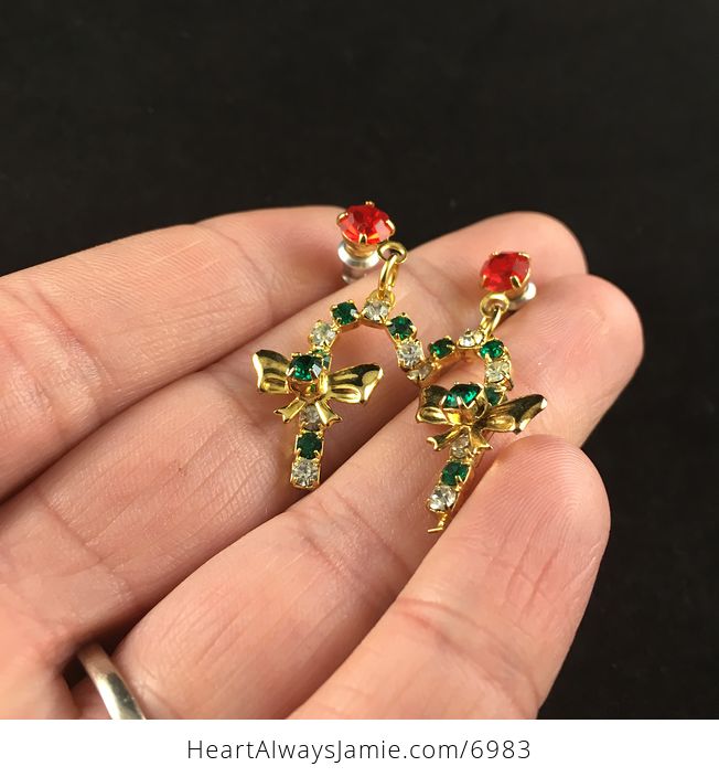 Vintage Rhinestone Christmas Candycane Earrings - #NS8uEwPzYrE-2