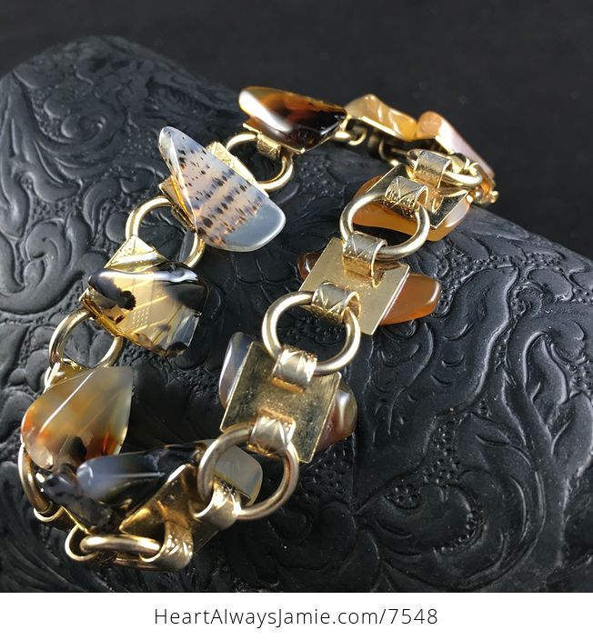 Vintage Scenic Agate Slice and Gold Toned Bracelet - #Yk1jkMh7DUI-1