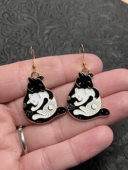 White and Black Hugging Celestial Cat Earrings #LJbosDhfFfY