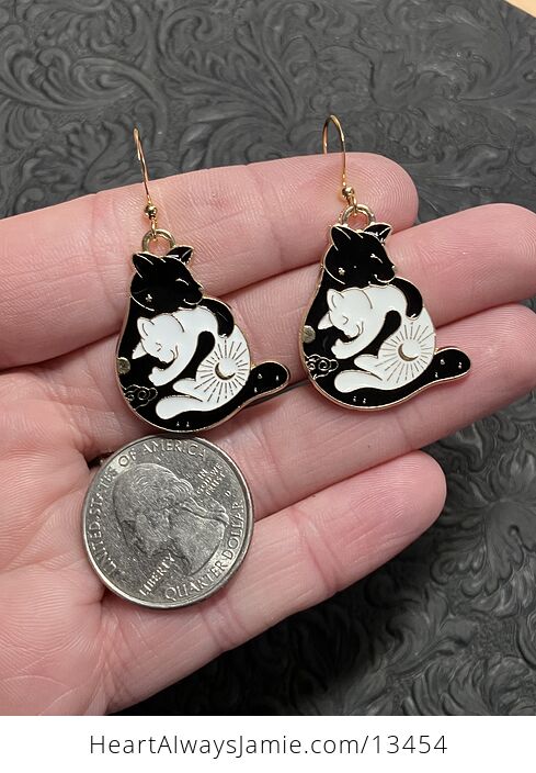 White and Black Hugging Celestial Cat Earrings - #LJbosDhfFfY-4