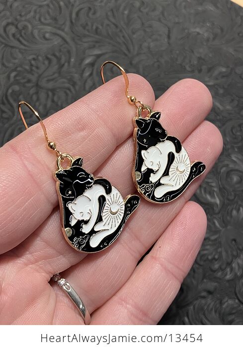 White and Black Hugging Celestial Cat Earrings - #LJbosDhfFfY-2