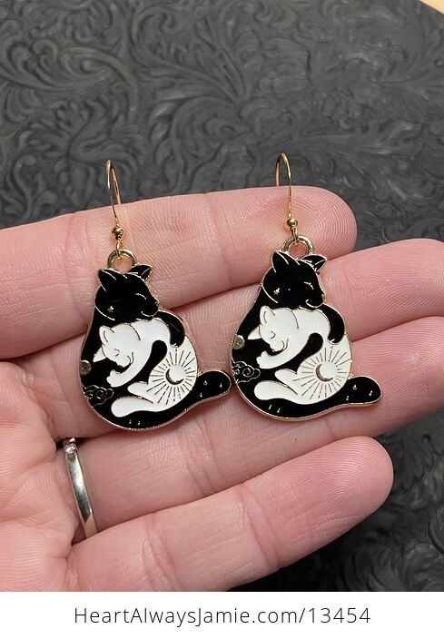 White and Black Hugging Celestial Cat Earrings - #LJbosDhfFfY-1