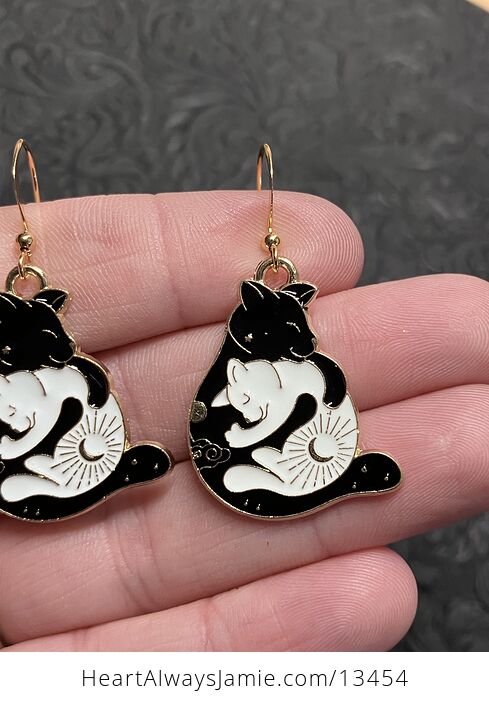 White and Black Hugging Celestial Cat Earrings - #LJbosDhfFfY-3