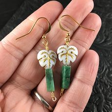 White and Gold Glass Leaves and African Jade Earrings with Gold Wire #IMRN7zAz1R8